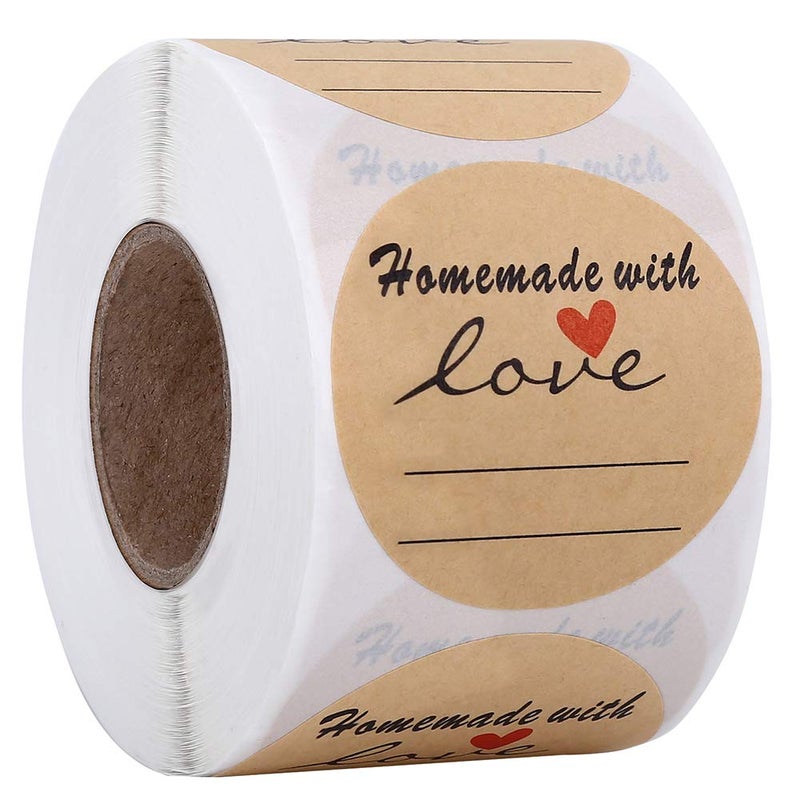 A AKRAF 2" Round Kraft Homemade with Love Sticker with Lines for Writing, Black Font and Red Heart Canning Labels, 500 Labels per roll - Image 1